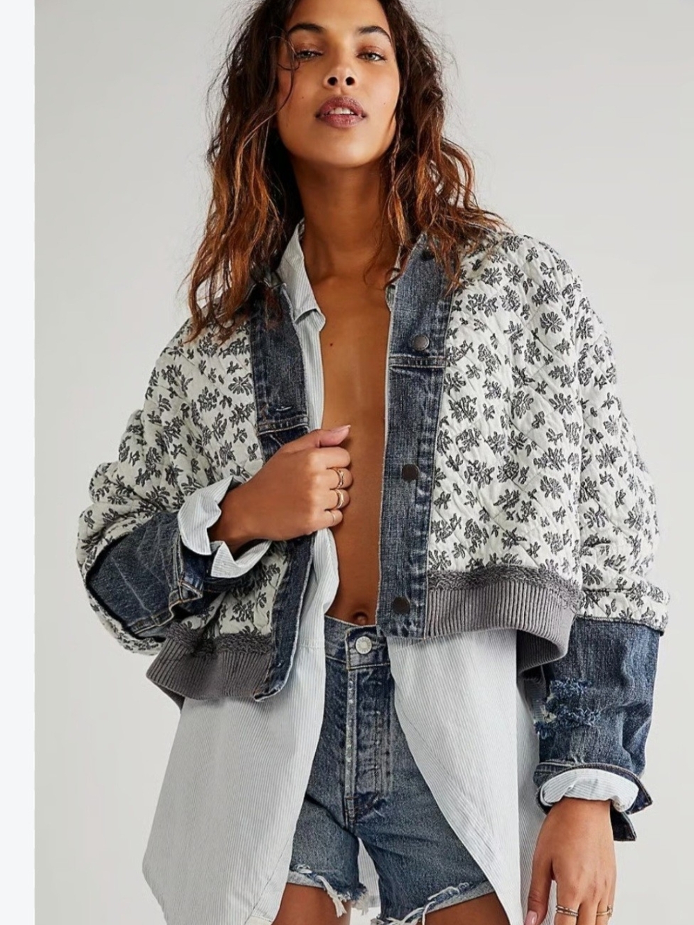 Free People White Floral Quilted Denim-Trim Cropped Jacket